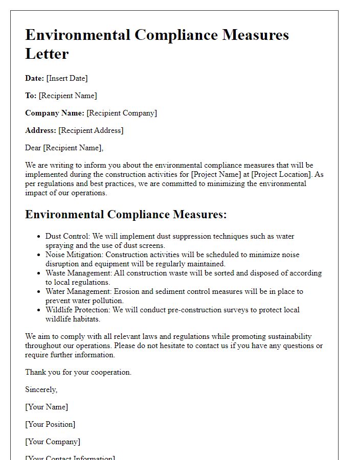 Letter template of environmental compliance measures for construction activities