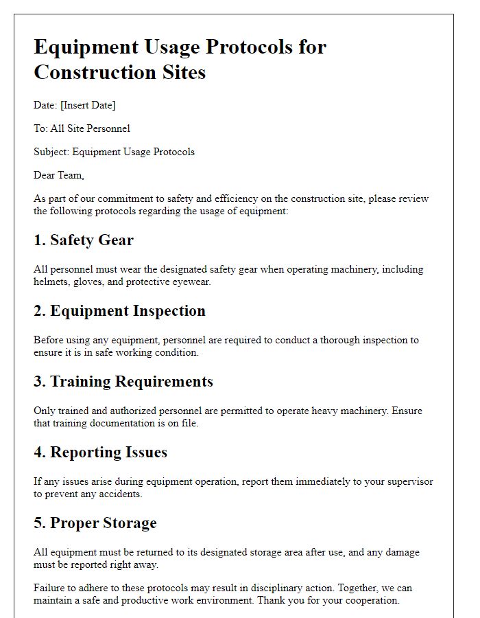 Letter template of equipment usage protocols for construction sites