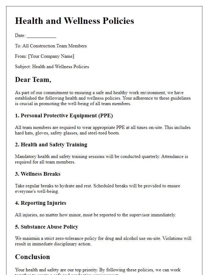 Letter template of health and wellness policies for construction teams