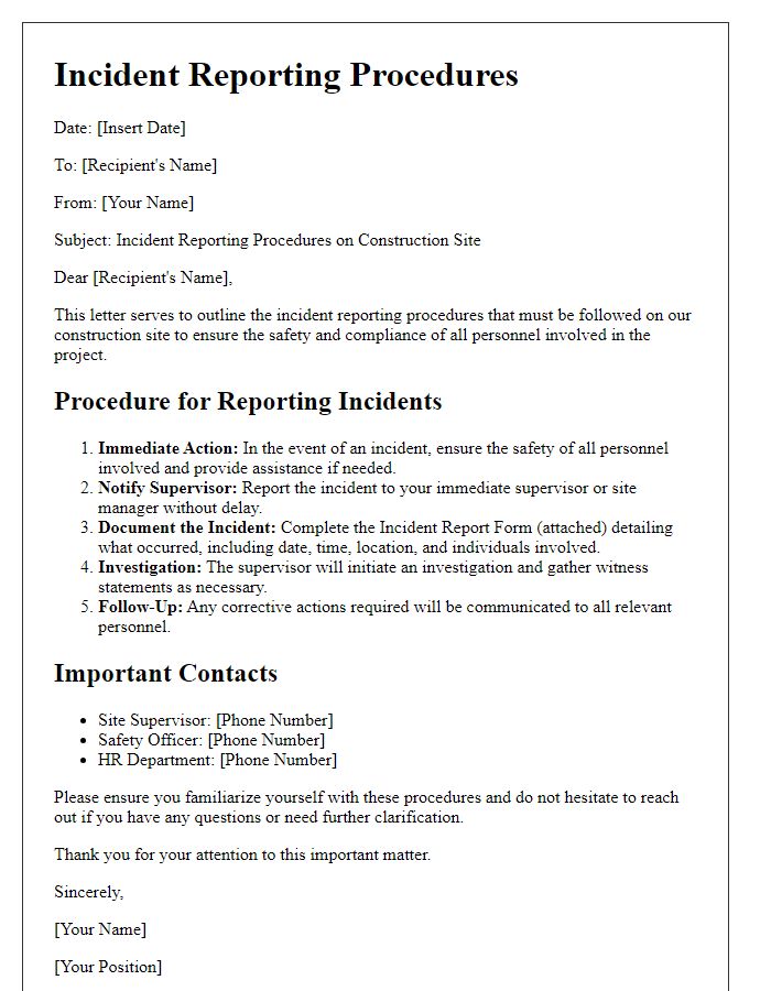 Letter template of incident reporting procedures for construction sites