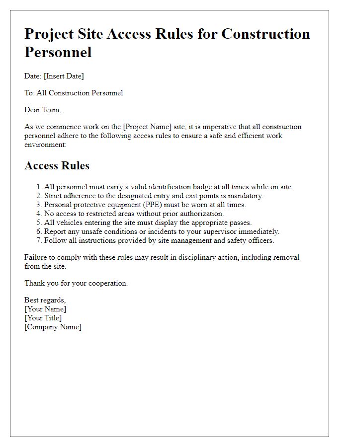 Letter template of project site access rules for construction personnel