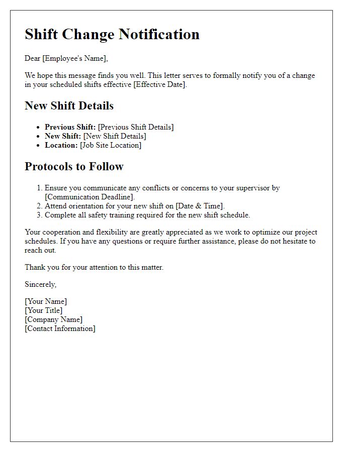 Letter template of shift change protocols for construction workers