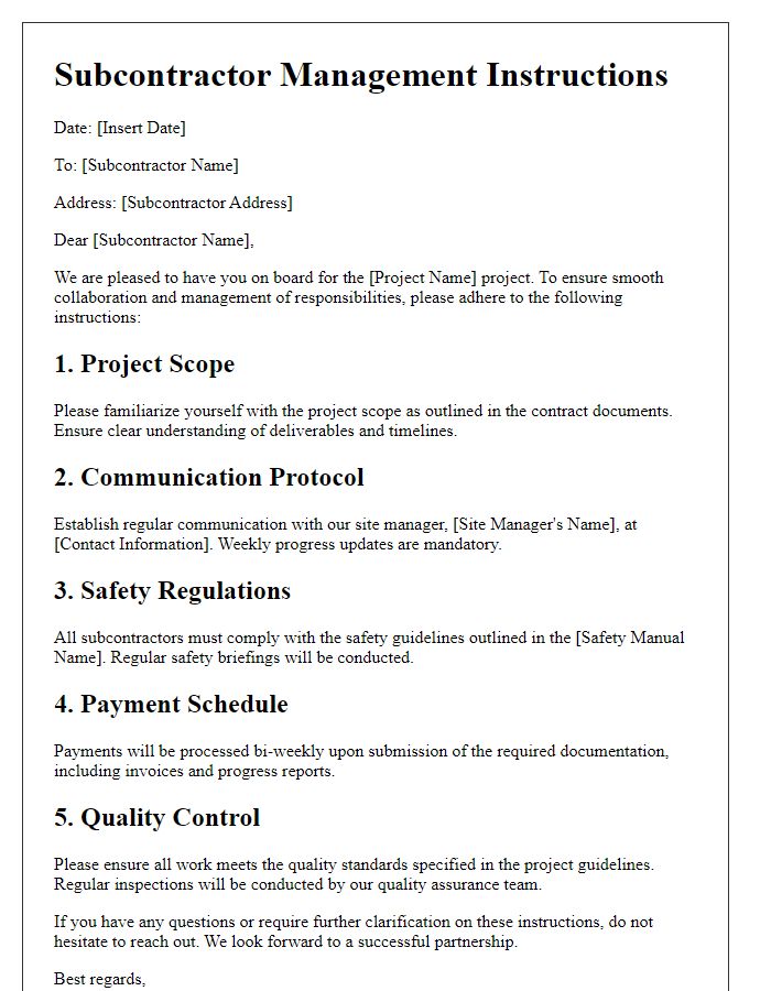 Letter template of subcontractor management instructions for construction