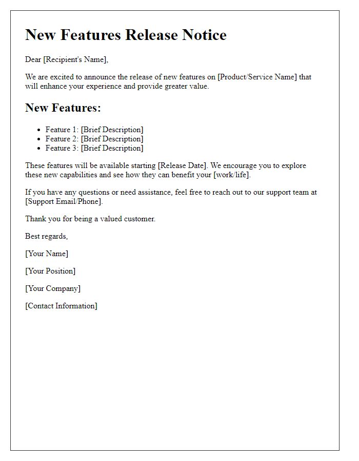 Letter template of new features release notice