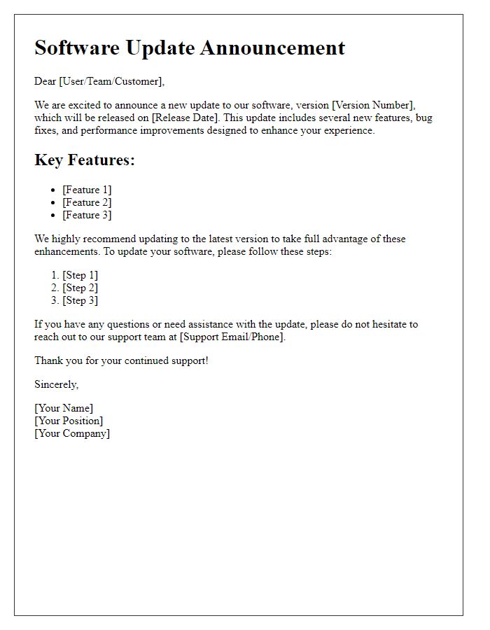 Letter template of software update announcement