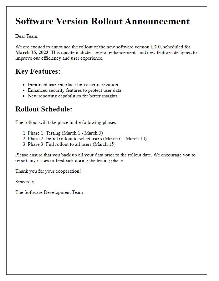 Letter template of software version rollout