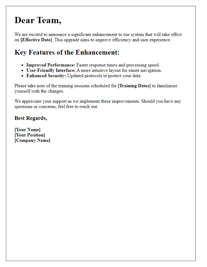 Letter template of system enhancement announcement