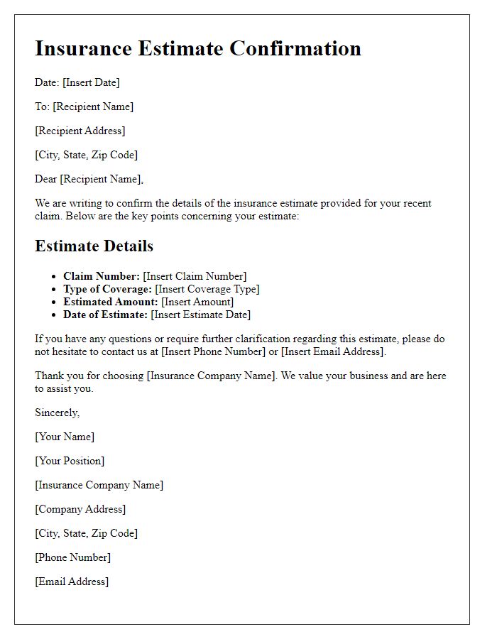 Letter template of insurance estimate confirmation