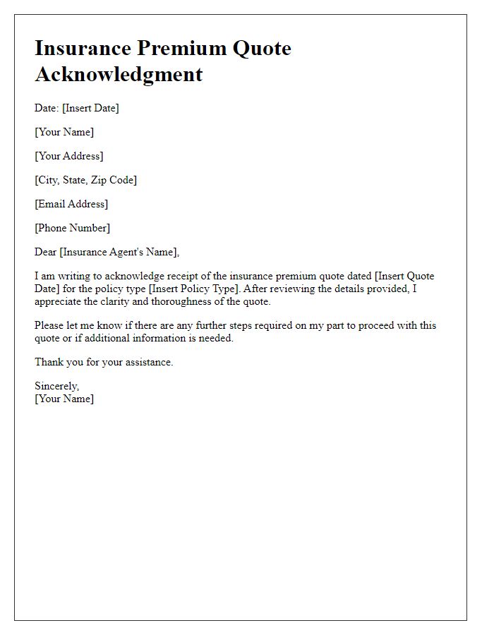 Letter template of insurance premium quote acknowledgment