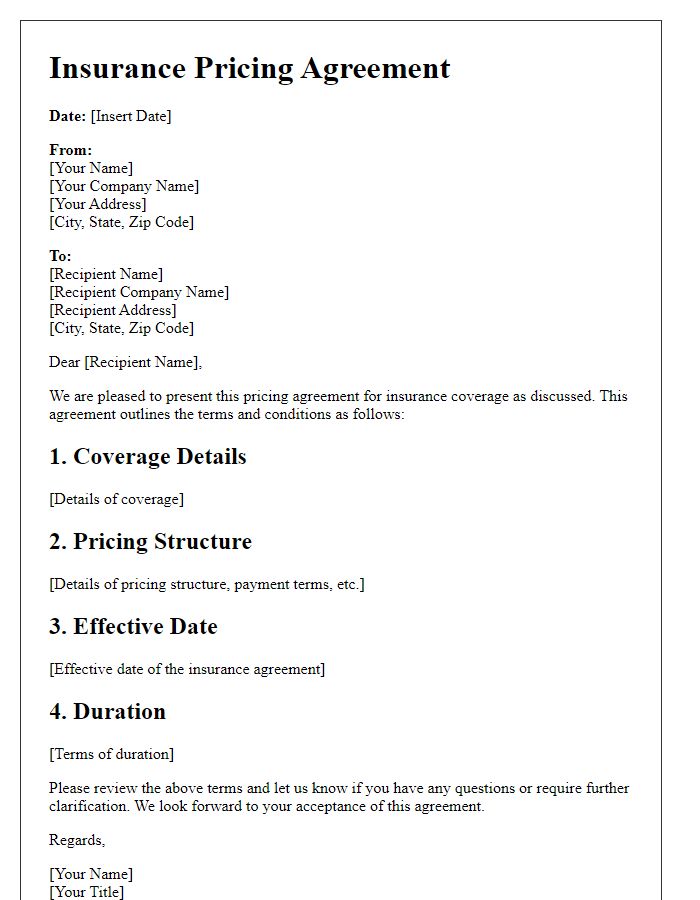 Letter template of insurance pricing agreement