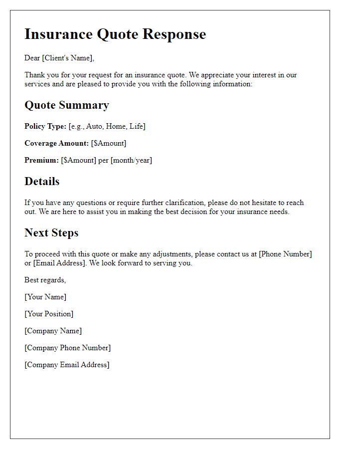 Letter template of insurance quote request response