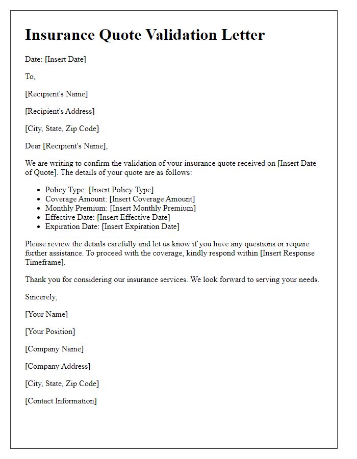 Letter template of insurance quote validation letter