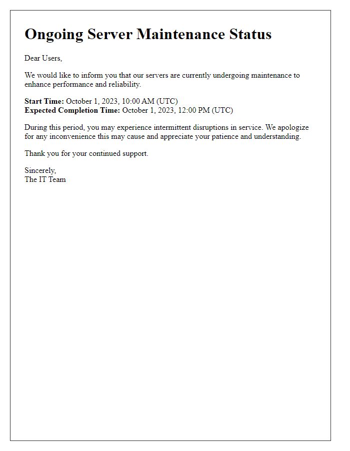 Letter template of ongoing server maintenance status