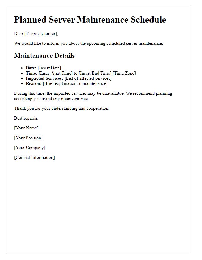 Letter template of planned server maintenance schedule