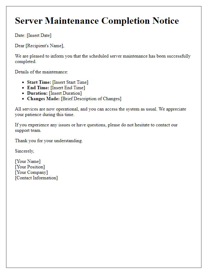 Letter template of server maintenance completion notice