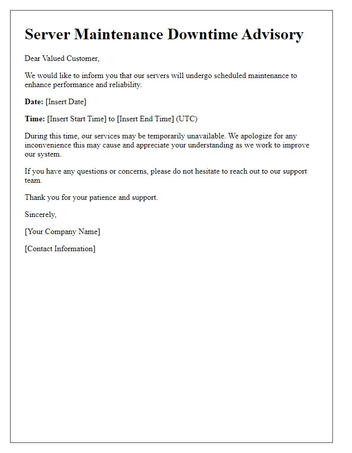 Letter template of server maintenance downtime advisory