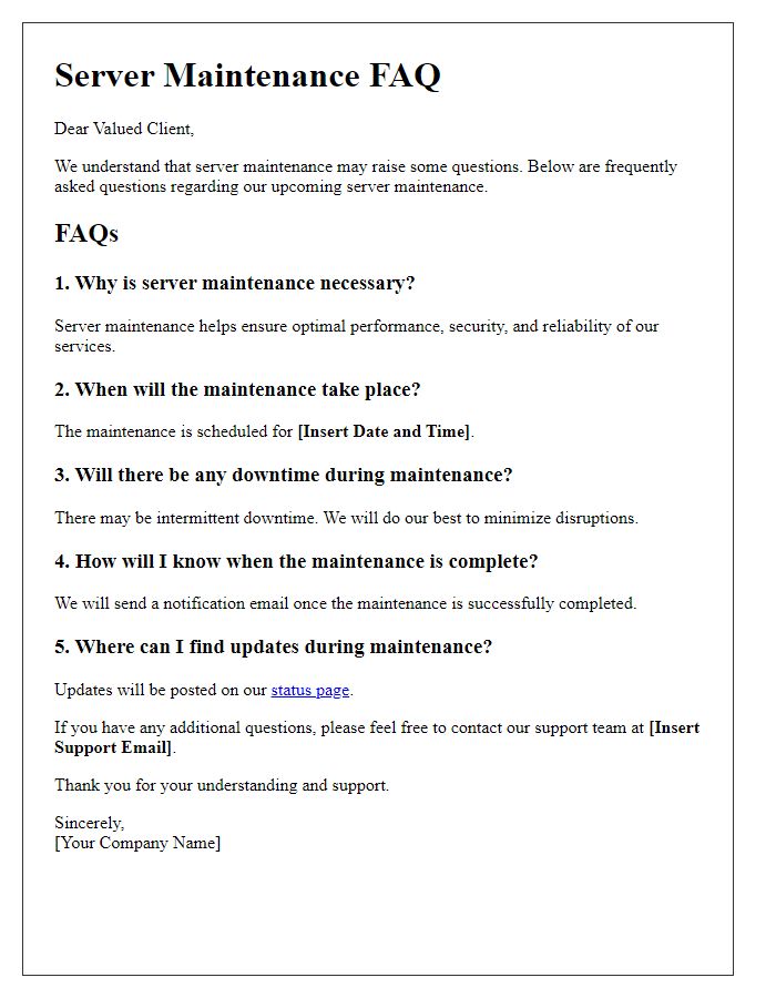 Letter template of server maintenance FAQ for clients