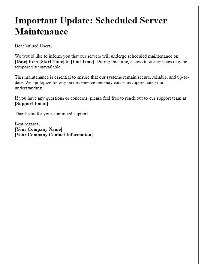 Letter template of server maintenance update for users