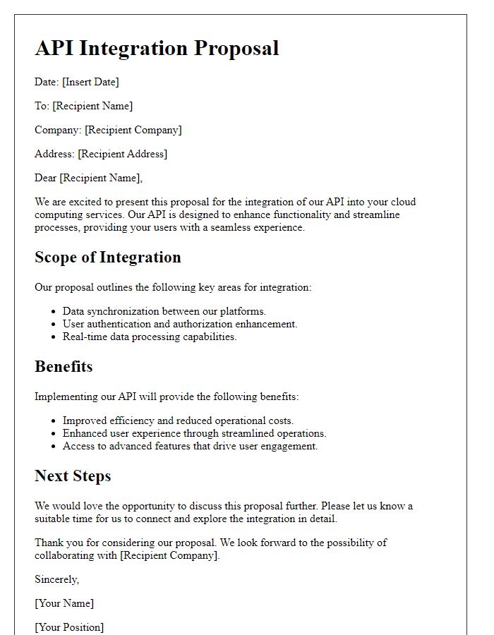 Letter template of API integration proposal for cloud computing services.