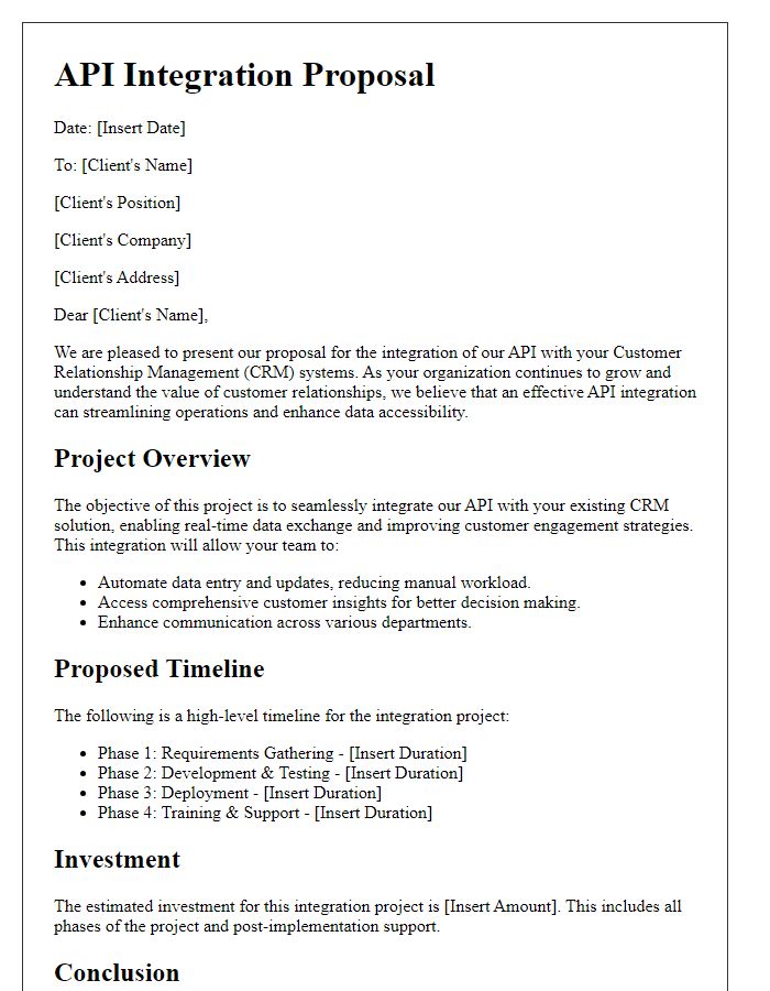 Letter template of API integration proposal for customer relationship management (CRM) systems.