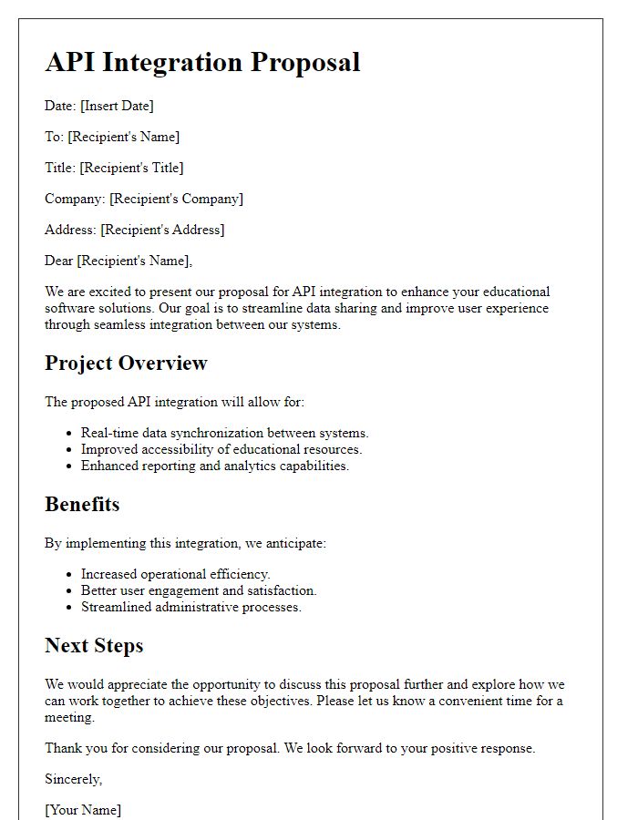 Letter template of API integration proposal for educational software solutions.