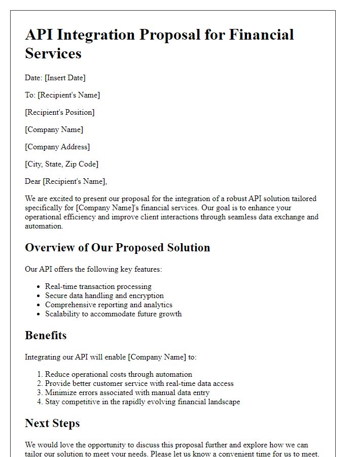 Letter template of API integration proposal for financial services.