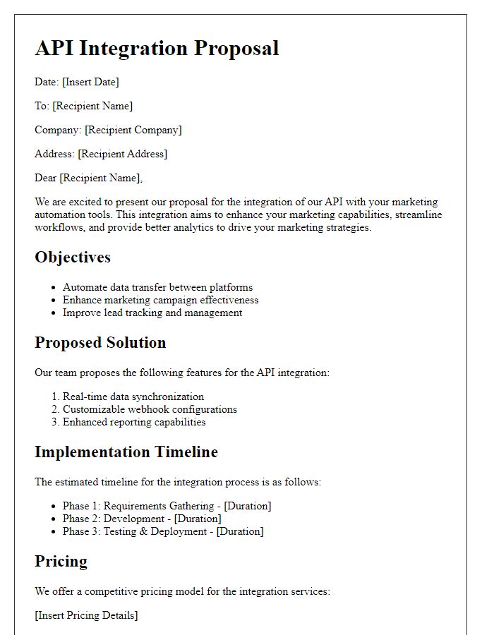 Letter template of API integration proposal for marketing automation tools.