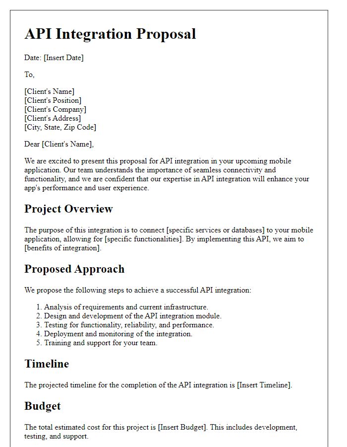 Letter template of API integration proposal for mobile application development.