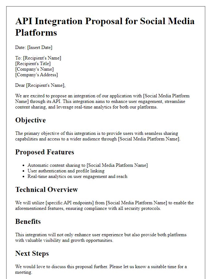 Letter template of API integration proposal for social media platforms.