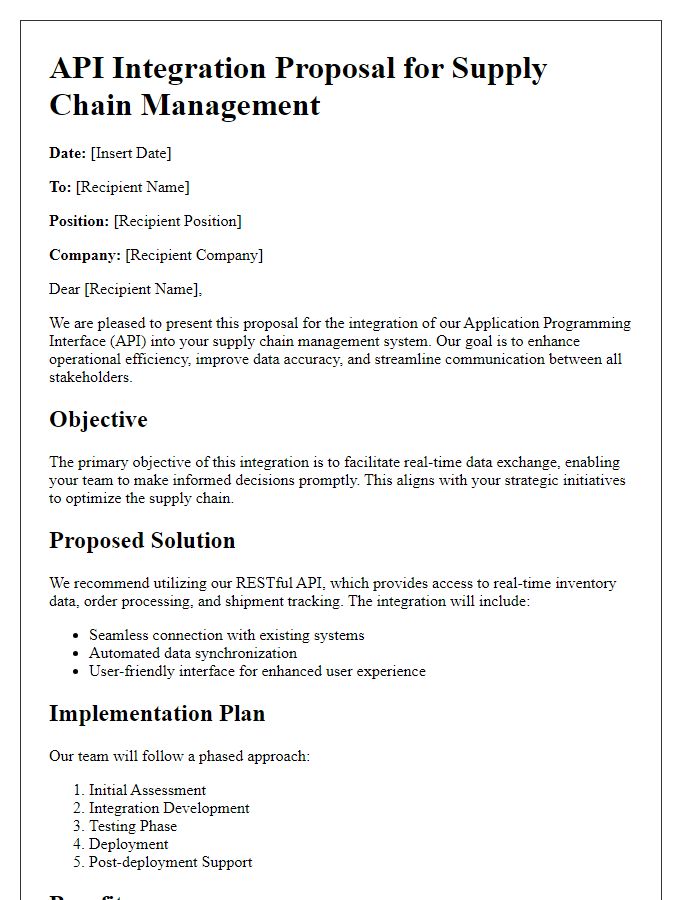 Letter template of API integration proposal for supply chain management.