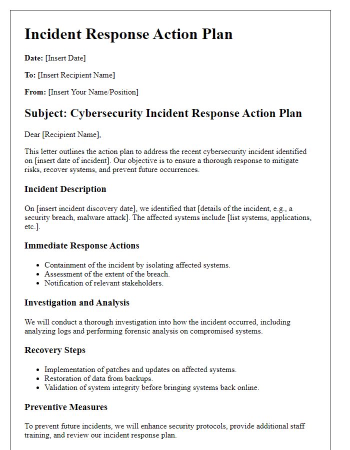 Letter template of cybersecurity incident response action plan