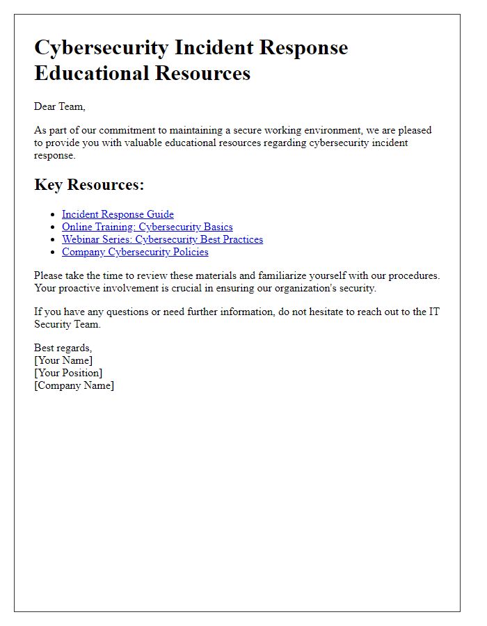 Letter template of cybersecurity incident response educational resources for employees