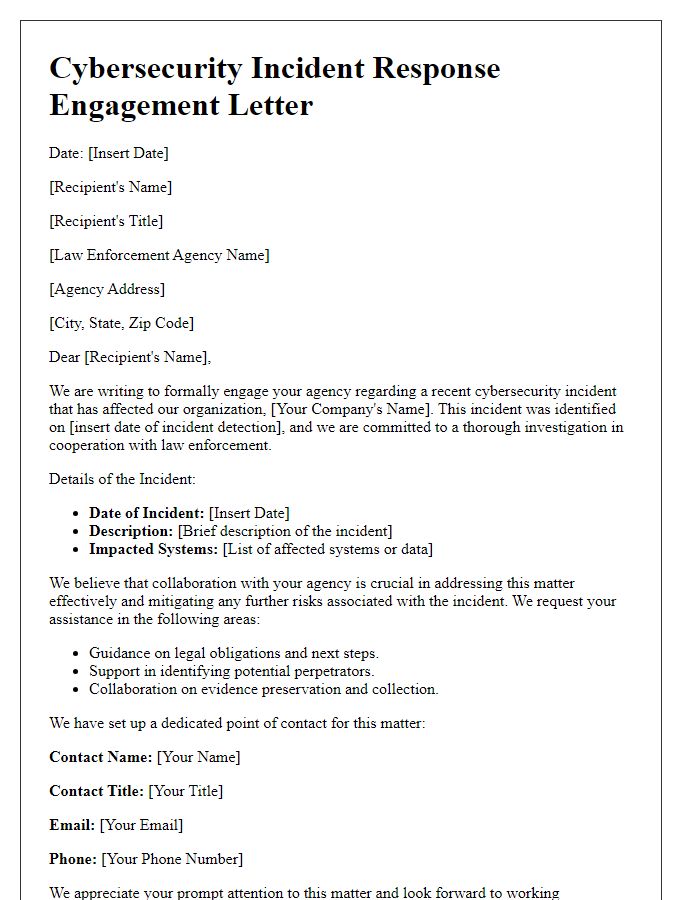 Letter template of cybersecurity incident response engagement with law enforcement