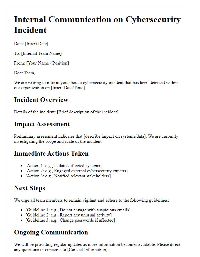 Letter template of cybersecurity incident response for internal team communication