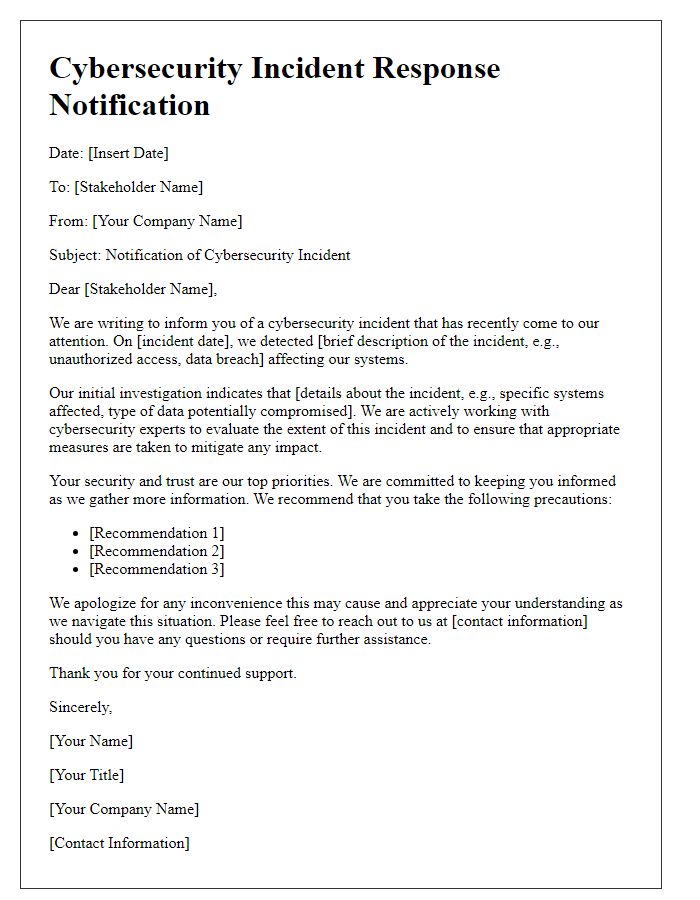Letter template of cybersecurity incident response notification to stakeholders