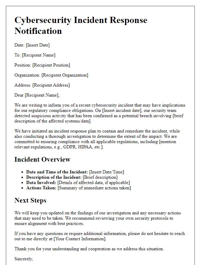Letter template of cybersecurity incident response for regulatory compliance
