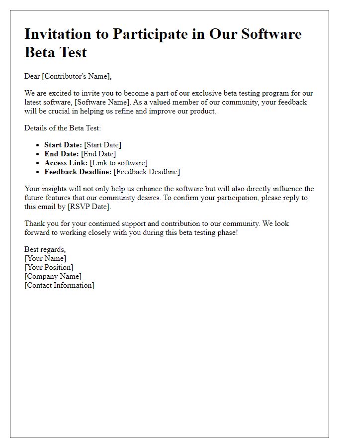 Letter template of Software Beta Test Invitation for Community Contributors