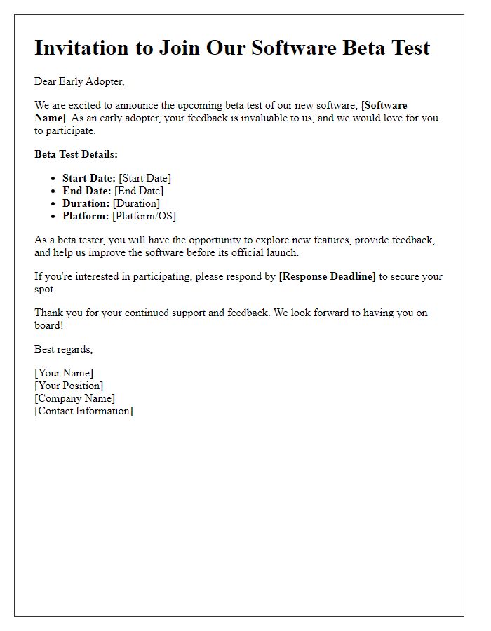 Letter template of Software Beta Test Invitation for Early Adopters