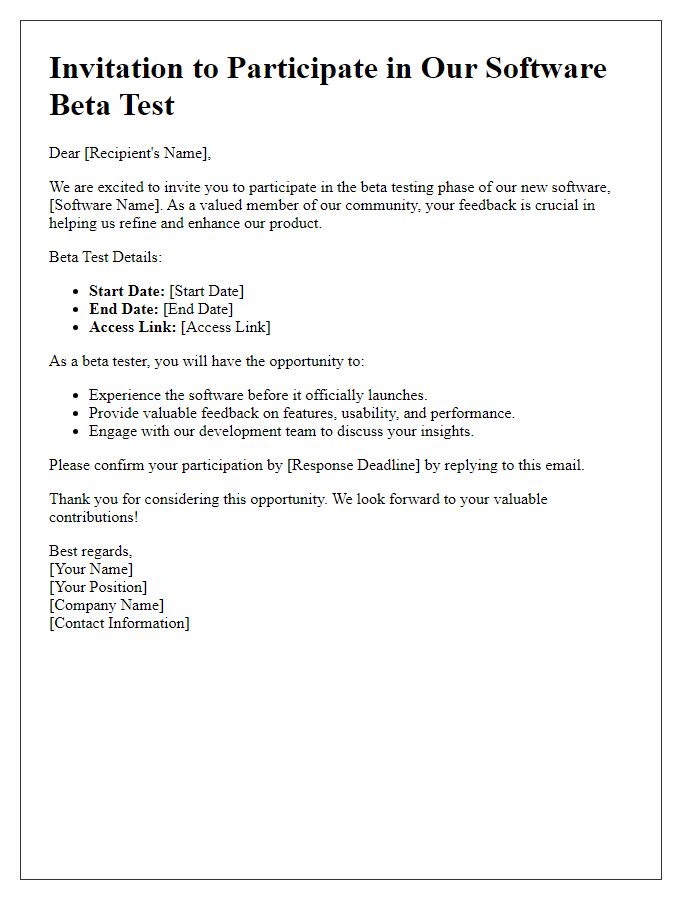 Letter template of Software Beta Test Invitation for Feedback Providers