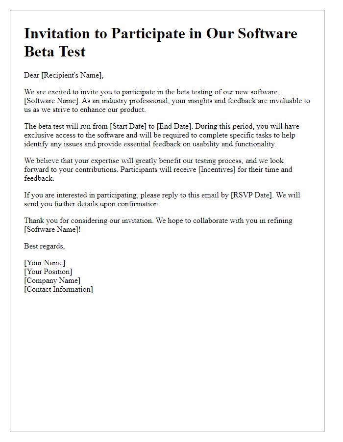 Letter template of Software Beta Test Invitation for Industry Professionals