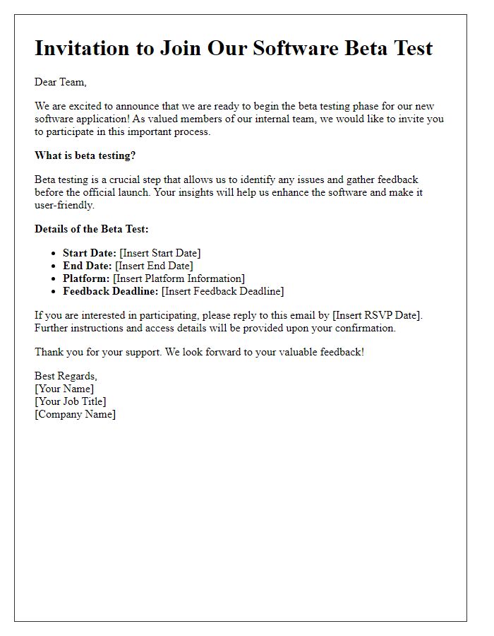 Letter template of Software Beta Test Invitation for Internal Team Members