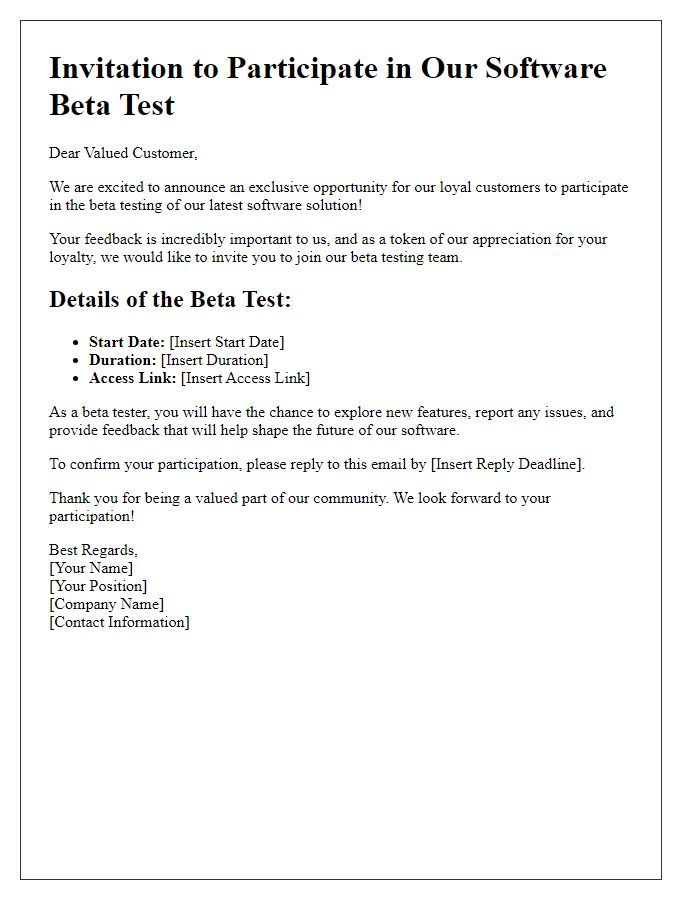 Letter template of Software Beta Test Invitation for Loyal Customers