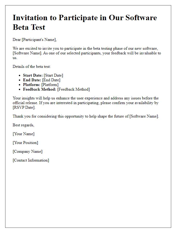 Letter template of Software Beta Test Invitation for Selected Participants