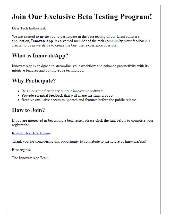 Letter template of Software Beta Test Invitation for Tech Enthusiasts