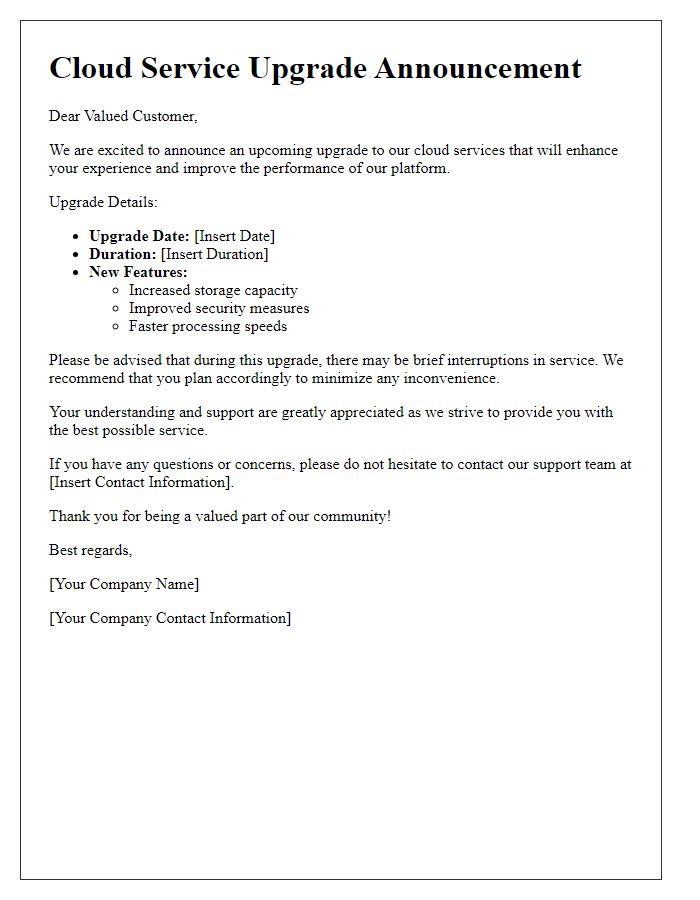 Letter template of Cloud Service Upgrade Announcement