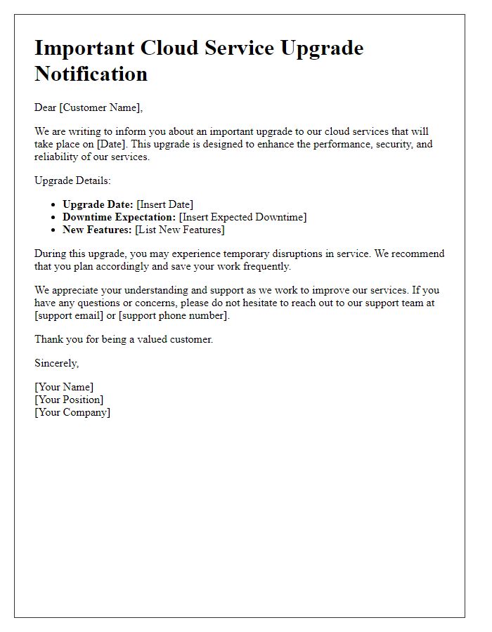 Letter template of Important Cloud Service Upgrade Notification