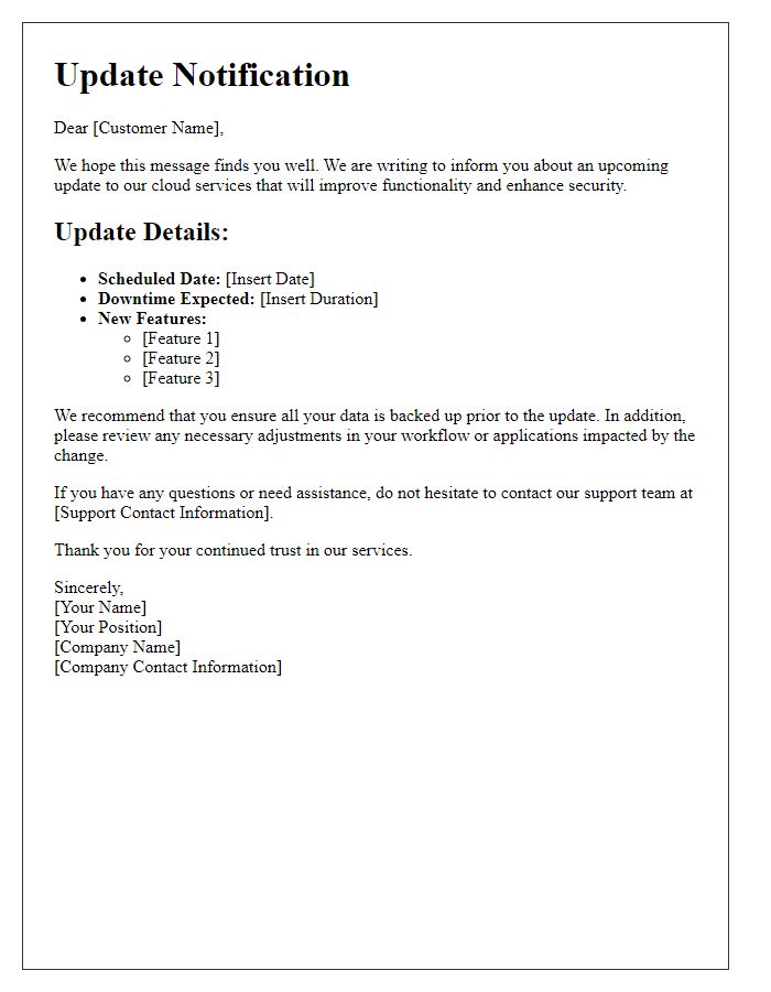 Letter template of Update Notification for Cloud Services