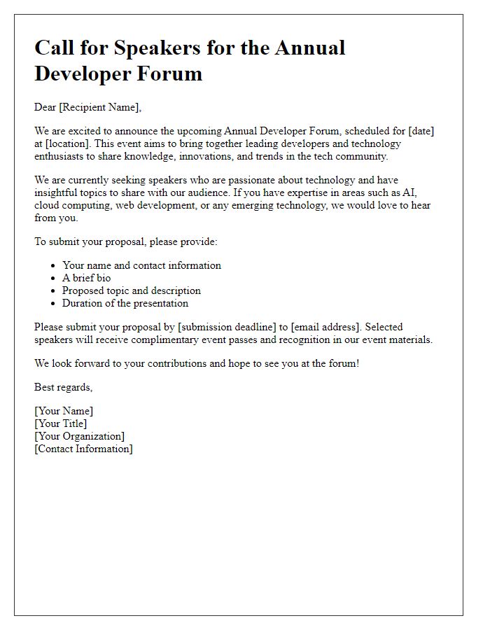 Letter template of call for speakers for developer forum