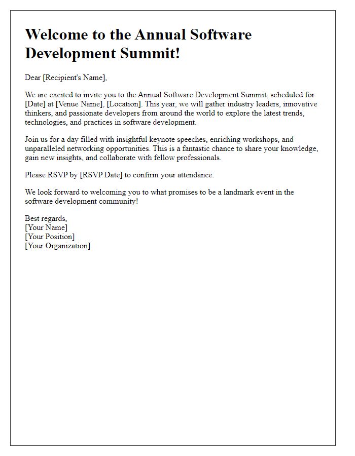 Letter template of welcome invitation for software development summit