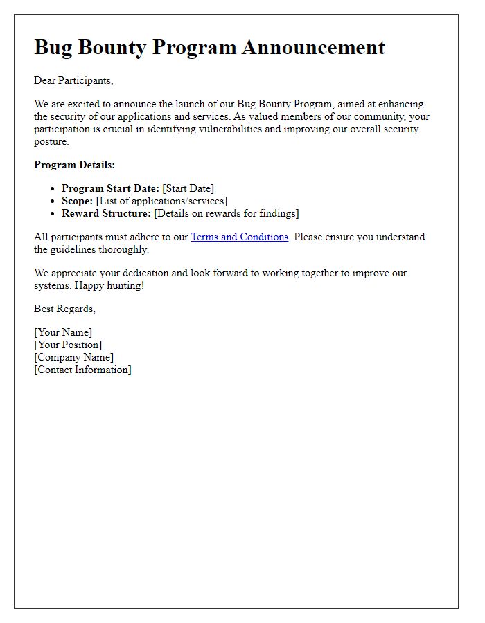 Letter template of bug bounty program announcement to participants